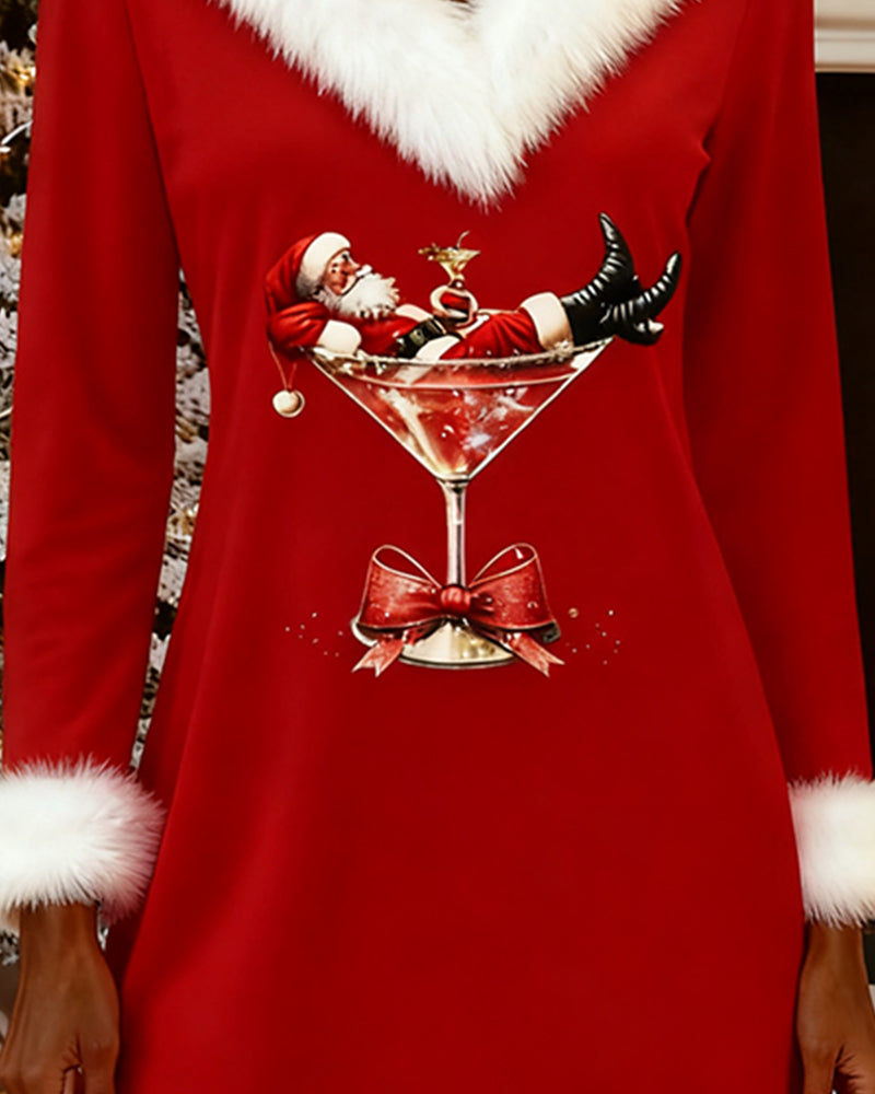 Amalia | Vestido de Cuello de Piel con Estampado Navideño