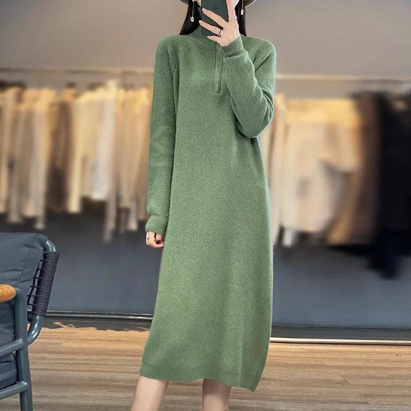Sofía | Vestido Verde de Punto de Lana Merino con Cremallera, Cálido y Suave