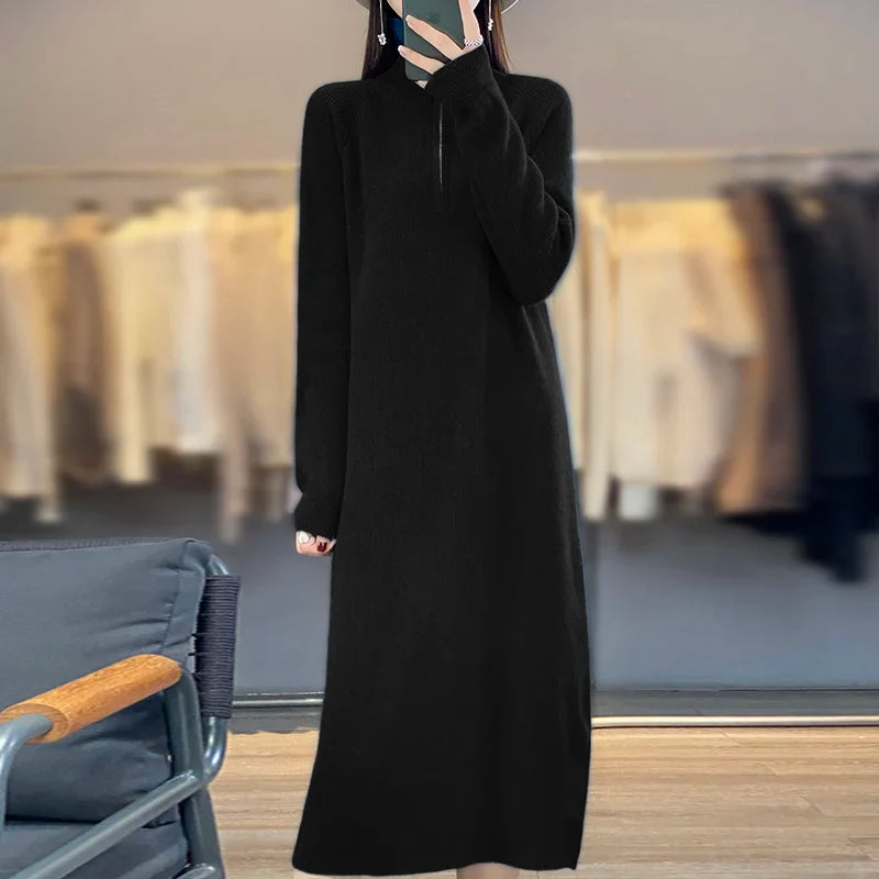 Sofía | Vestido Negro de Punto de Lana Merino con Cremallera, Cálido y Suave