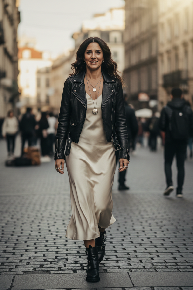 Leather jacket slip dress