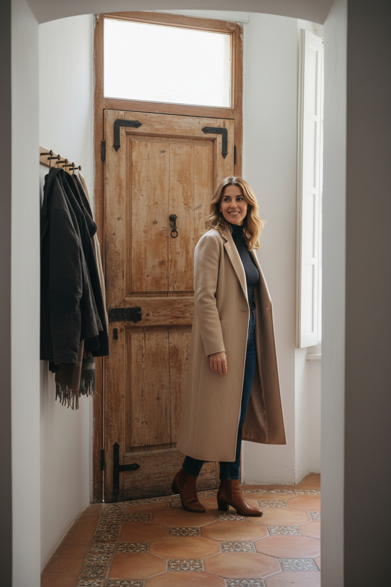 Mujer abrigo beige entrada casa