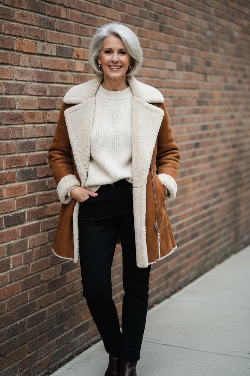 Mujer madura con abrigo shearling