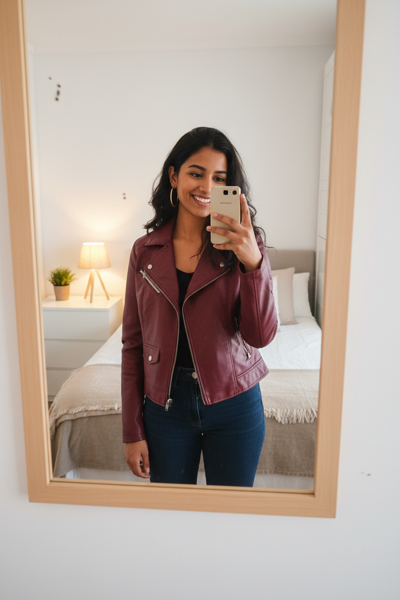 Mujer selfie chaqueta cuero burdeos